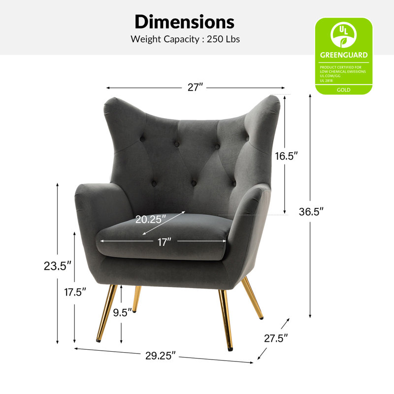 Fauteuil à oreilles 29,25 po Avianna, Velours gris