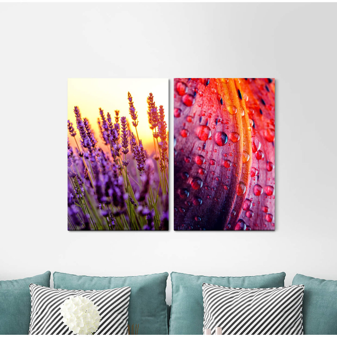 2-tlg. Leinwandbilder-Set - Fotografie „Lavender Field Lavender Water Drop Summer Evening Red Harmonious”