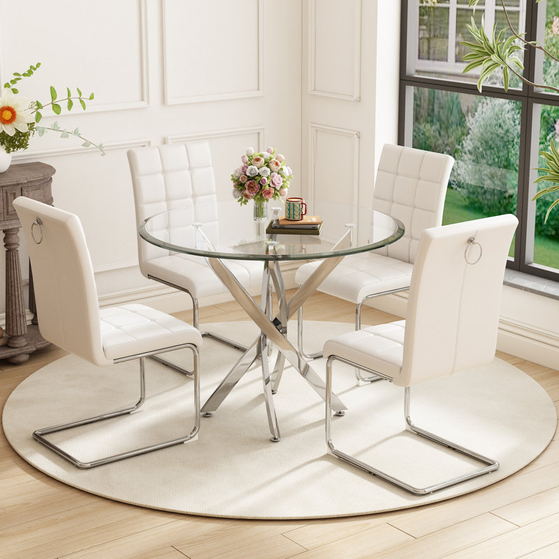 5- Piece Dining Table Set,Glass Top Metal Base Dining Tablewith 4 Faux Leather Dining Chairs, Silver, White/Silver