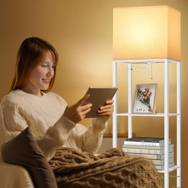 Modern Floor Lamp With Shelves, 3-Tier Wooden Standing Lamp With Multi-Color LED Bulb, Storage Shelf Lamp For Living Room, Bedroom, Office