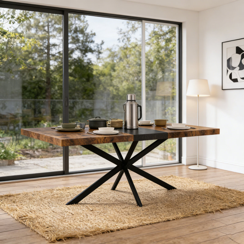 Table de salle à manger extensible rétro Retro avec boîte de rangement, base en fer robuste et plateau en triamine durable pour une utilisation polyvalente au quotidien.