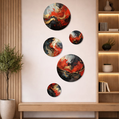 Feu de marbre rouge et or I - ensemble de 5 peintures abstraites - art mural moderne en métal