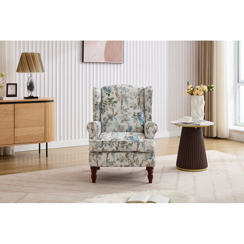 Chaise d'appoint moderne à motif floral, fauteuil rembourré à oreilles en bois rétro, canapé simple confortable pour le bureau de la chambre à coucher