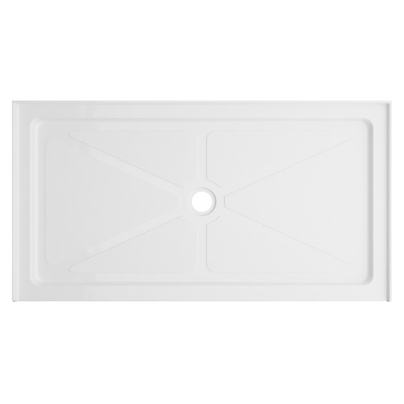 Base de douche rectangulaire en acrylique à drain central l 60 po x L 32 po x H 3,5 po | Profil bas | Conception antidérapante | Couleur blanche pour les salles de bain modernes