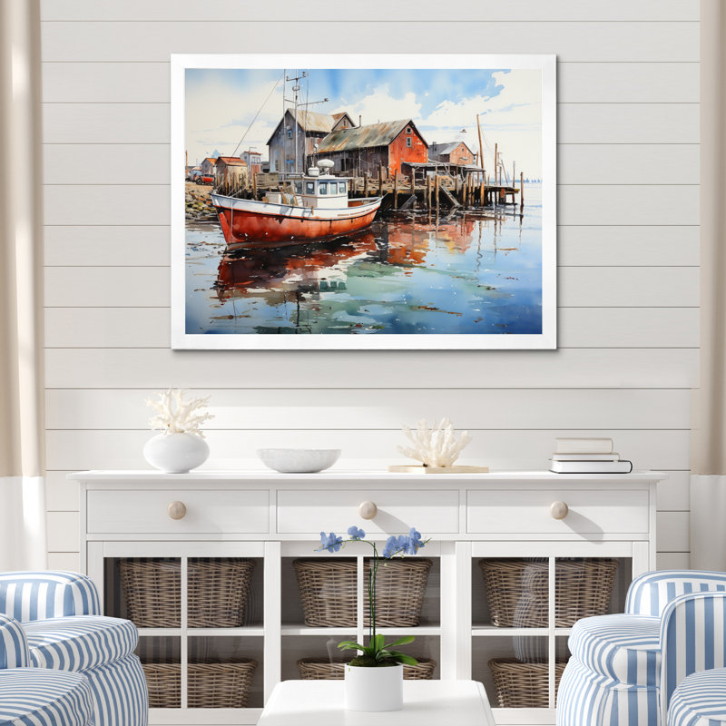 Port Portside Reflection Pointillism I sur impression sur toile, H 16 po x l 32 po x P 1 po, Cadre photo blanc
