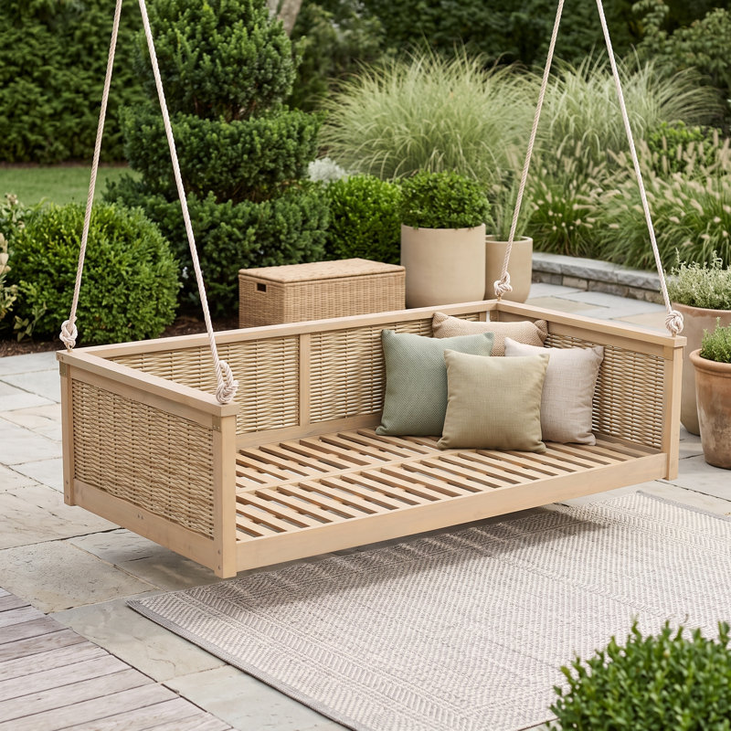 Lit balançoire simple en bois d'acacia massif pour la cour arrière, salon suspendu en rotin avec cordes, Light Teak