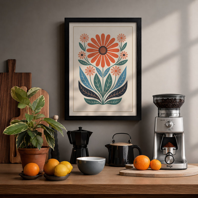 Symmetrical Daisy Folk Botanical - Framed Print, A2 - 59.4 x 42.0 cm, Black