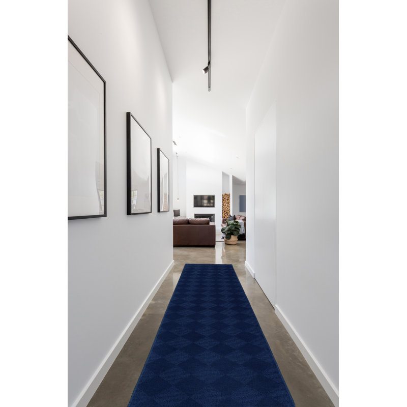 Tapis bleu touffeté à motif géométrique Thayer, Tapis de couloir 3 pi x 12 pi