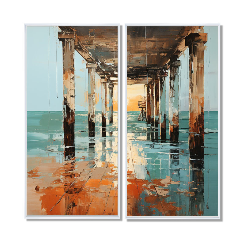 «Coastal Pier Perspect Pointillism I», ensemble d'art mural côtier côtier, 20" H x 24" W, Impression encadrée flottante