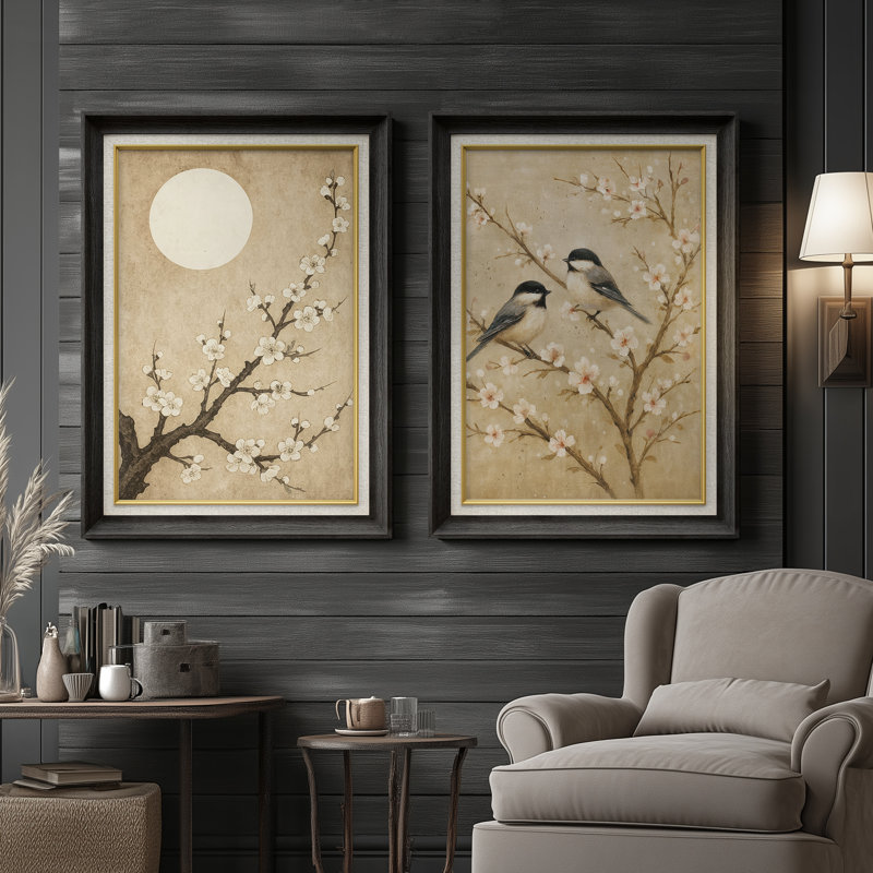 Vintage Botanical Birds and Blossoms Nature Scene - Set of 2 Premium Framed Wall Art Print on Paper 26"x36", Black