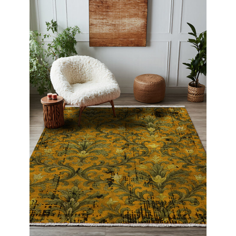 Colchique Collection Digital Print Cotton-Polyester Green Yellow Floral Rug, Runner 3'4" x 9'11"