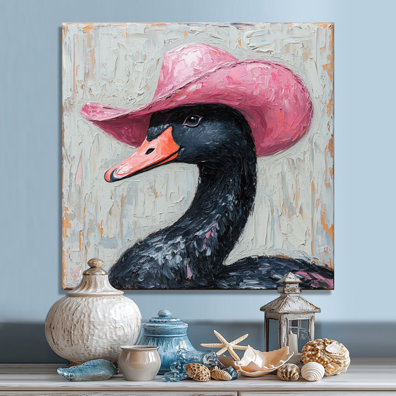 Keniqua, un cygne noir portant un chapeau de cowboy rose I - cygnes, art mural grand, Toile tendue, Ne s’applique pas