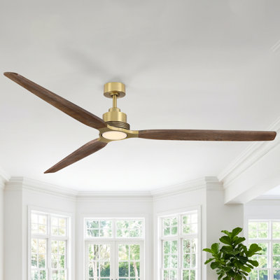Ventilateur de plafond de style Mid-Century en bois massif, 3 pales en laiton, 84 pouces, avec éclairage DEL à intensité variable et télécommande.