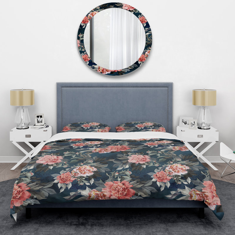 Ensemble de housse de couette rose rose et feuille noire, Housse de couette pour très grand lit et 2 très