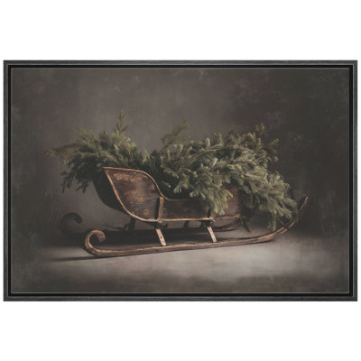 Vintage Wooden Sleigh with Evergreen Pine Winter Farmhouse Christmas Wall Decor Framed Canvas Master Bedroom Wall Art Work Print