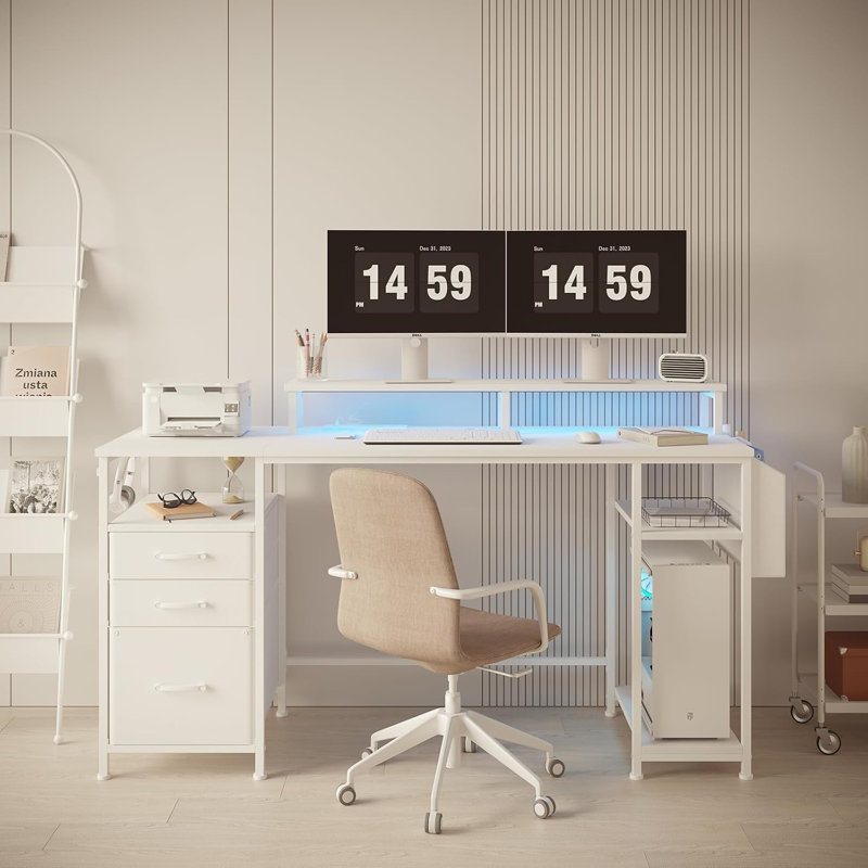 White Computer Desk With File Drawers Cabinet, Writing Study Gaming Desks With Monitor Stand Shelves For Home Office