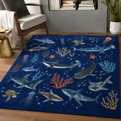 1Pcs Ocean Life Theme Rug - Artistic Watercolor Sea Creatures and Coral Print, Anti-slip, Easy Clean Indoor Area Carpet, Decorative Floor Mat for Living Room, Bedroom, Kids' Playroom for home detor