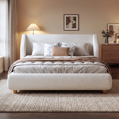 Upholstered Bed Frame with Extra-Wide Wingback Headboard, Upholstered Bed with Wood Legs, Sturdy Wooden Slats
