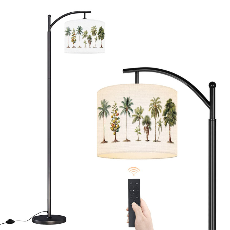 Arc Floor Lamp with Adjustable Lampshade Tropical Beach House Vintage Rustic Boho Palm Tree Coconut Tropical Standing Lamp 3 Color Temperatures Dimmable Tall Pole Lamp with Foot Switch for Bedroom