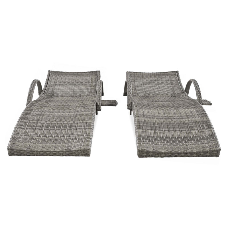 80'' Outdoor Wicker Chaise Lounge Chairs Set Of 2, Patio Rattan Reclining Chair Pull-Out Side Table Adjustable Backrest Ergonomic Wave Design Pool Sunbathing Recliners
