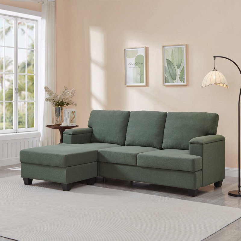 3-Seater Linen Sofa with Storage Armrest & Storage Ottoman - Green, Dark Green Linen