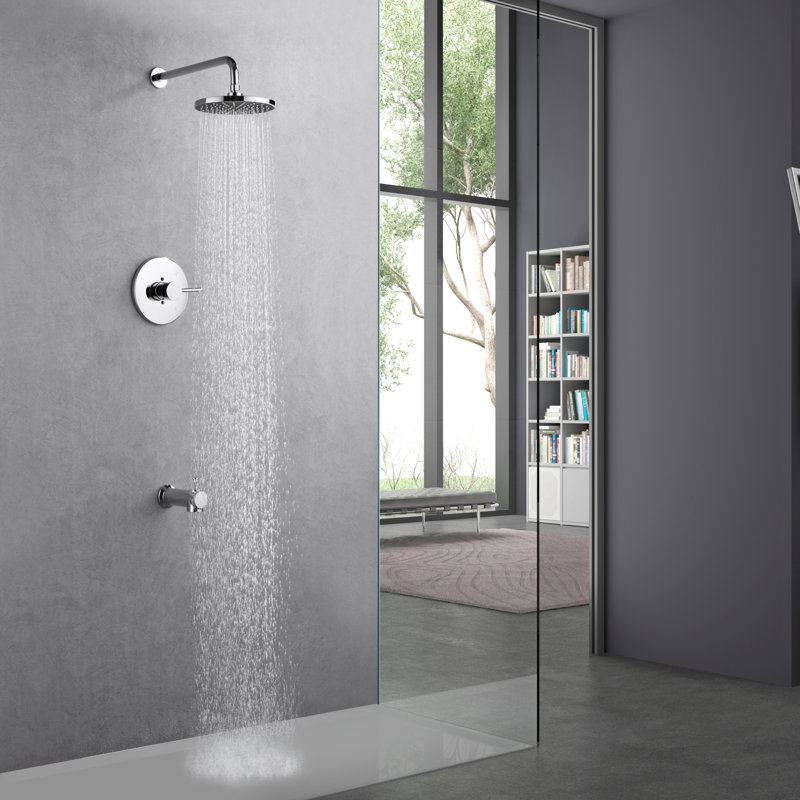 Kree Collection Shower System: 8" Round Shower Head, Single Handle Set, Tub Spout, & Rough-in Valve Included - Chrome Polished