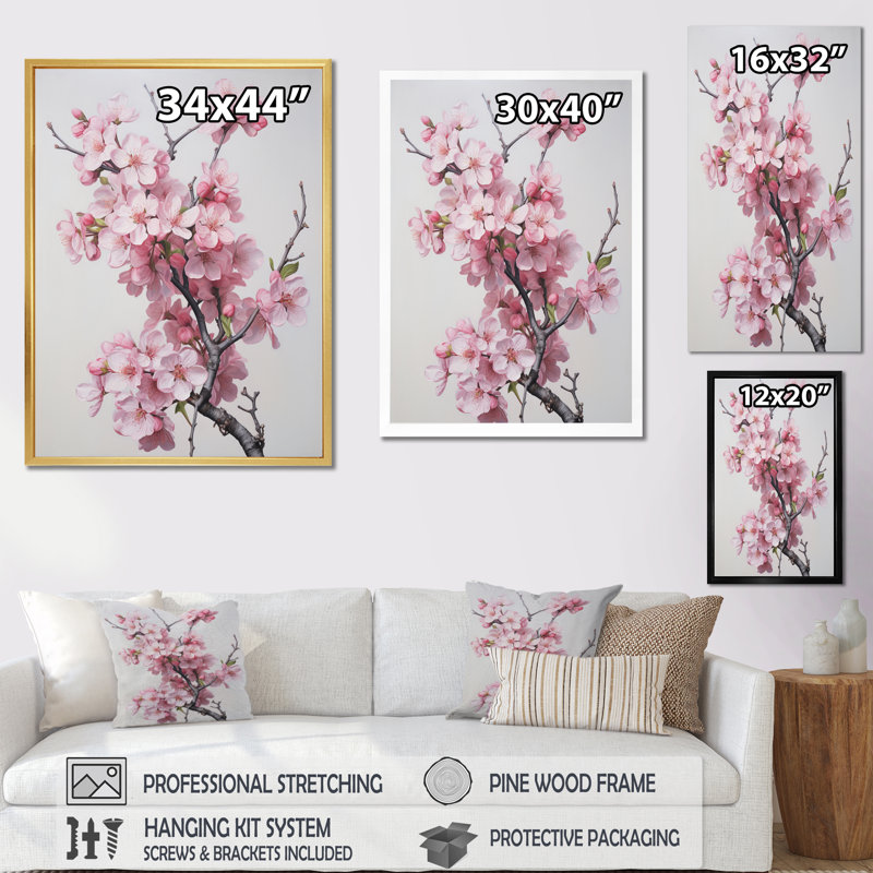 Fleur de pommier élégance monochromatique sur toile, H 32 po x l 24 po, Cadre simple noir