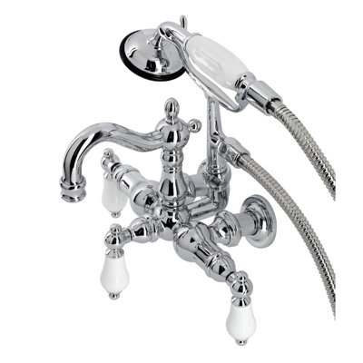 Kingston Brass Heritage Three-Handle 2-Hole Tub Wall Mount Clawfoot Tub Faucet with Hand Shower