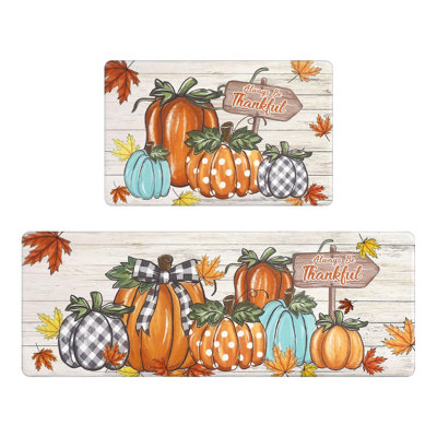 Fall Kitchen Mat Anti Fatigue Mats for Floor Pumpkin, Kitchen rugs Foam Cushioned Comfort Standing Desk Mats 17"x28"+17"x47",Non Slip, Waterproof, for Harvest Thanksgiving Decor, Colorful