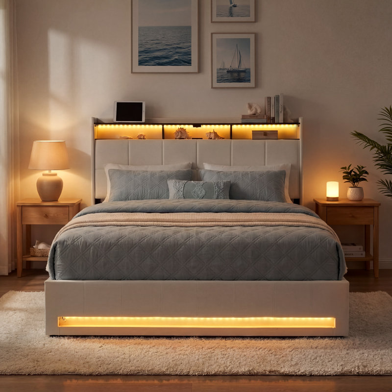 Base de lit rembourrée avec rangement à DEL avec lumières DEL et station de charge, lit plateforme, aucun sommier nécessaire