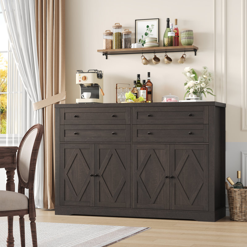 Buffet de 55,1 po avec 4 tiroirs, bureau épais, Marron foncé