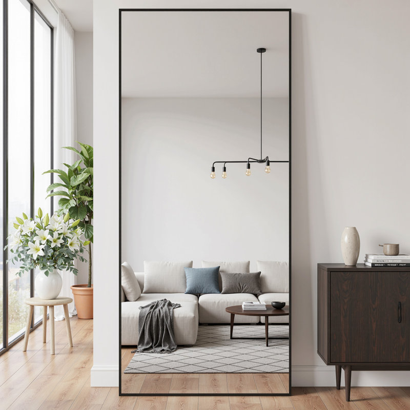 Aluminum Alloy Framed Full Length Mirror with Stand Rectangle Wall Mirror, 79"x32", Black