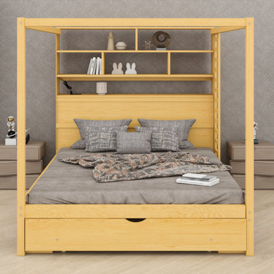 Canopy bed frame with bookcase headboard, usb outlets and led lights, storage cubbies, footboard drawer and reversible rack