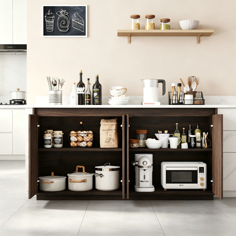 Buffet à quatre portes en bois de noyer avec une texture ondulée et un design sans poignée; Comprend une prise de courant pour une utilisation dans la salle à manger.