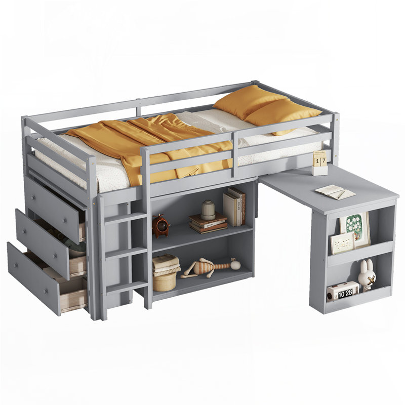Lit mezzanine simple avec armoire à tiroirs et tablette, gris