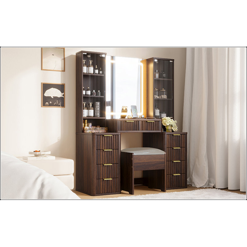 43.5 Inch Fluted Makeup Vanity Desk with Lights,Stool and Charging Station, Brown