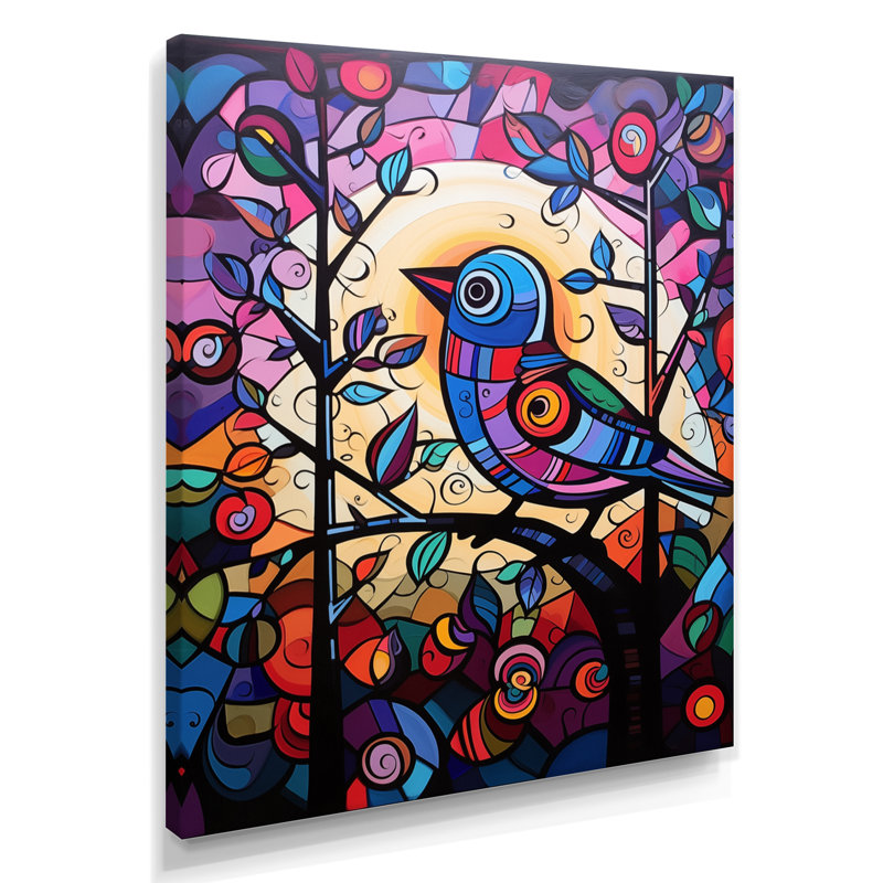 Vitrail oiseau chantant sur une branche Pop Art - impression d'art mural oiseau, Toile tendue, H 32 po x l 24 po x P 1 po