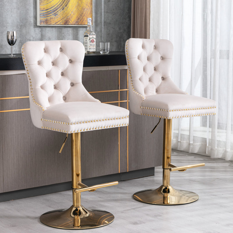 Tabourets de bar à hauteur ajustable - Revêtement en velours beige, dossier pour une expérience, 27 à 35 pouces, caractéristique captivante moderne pour la maison et le pub,