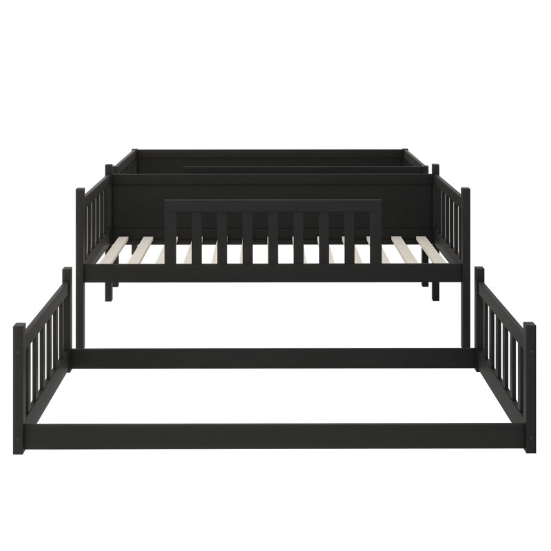 Lit superposé simple en bois d'hévéa à triple couche et équipé d'échelles et de barrières de sécurité, Noir, noir, noir, noir