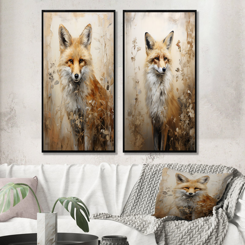 Minimalisme renard dans la forêt - ensemble de 2 décorations murales Fox, H 28 po x l 25 po, Cadre noir