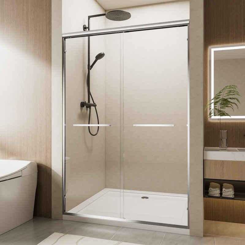 Chrome Aluminum Frame Double Sliding Shower Door With 1/4" (6Mm) Nano-Coated Clear Tempered Glass And Dual Stainless Steel Handles
