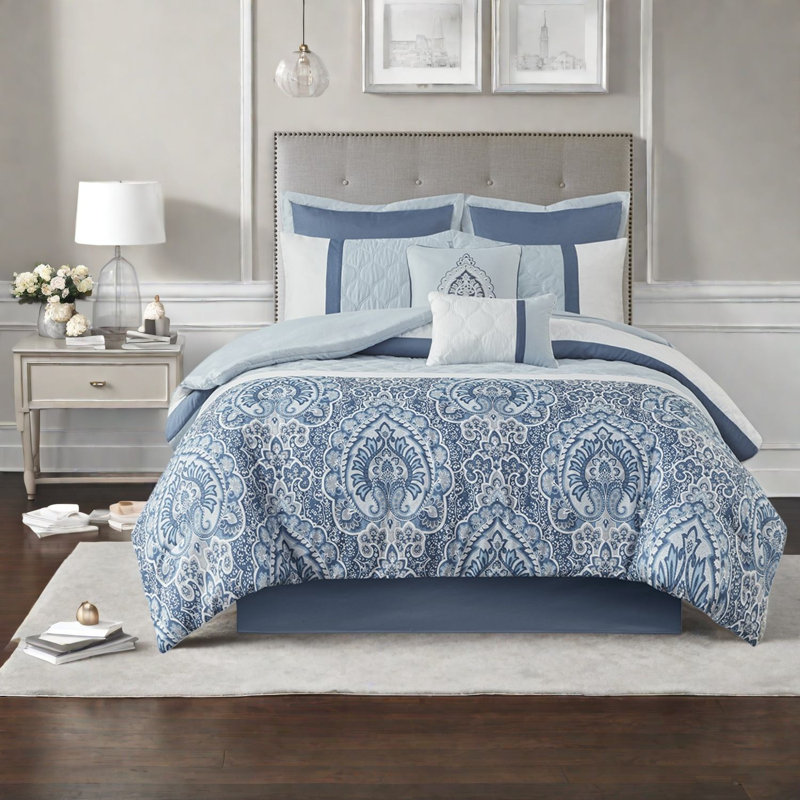 Luxury 8 Piece Bedding Sets, Polyester Blue Damask, Modern Home Comfort