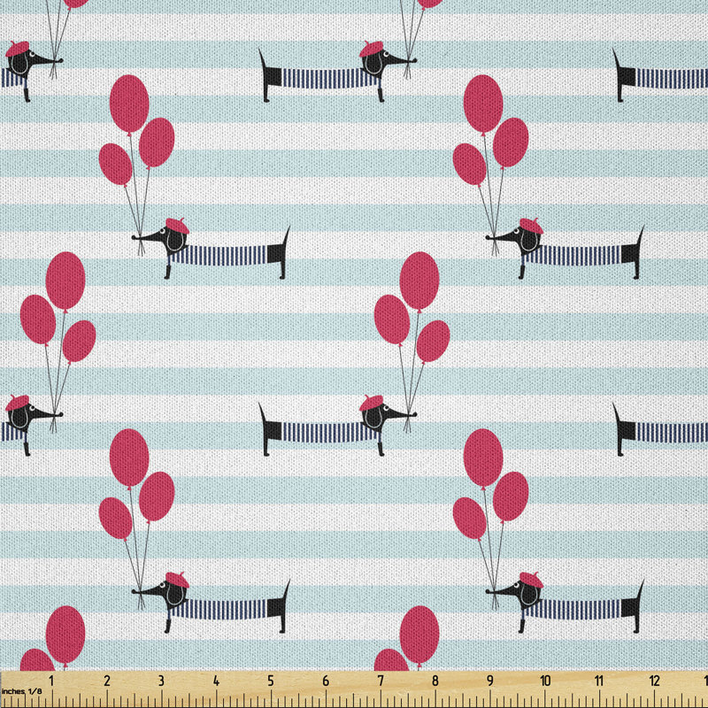 Daksha Beret and Shirt Wearing Dog Holding Balloons on Stripes Background Fabric