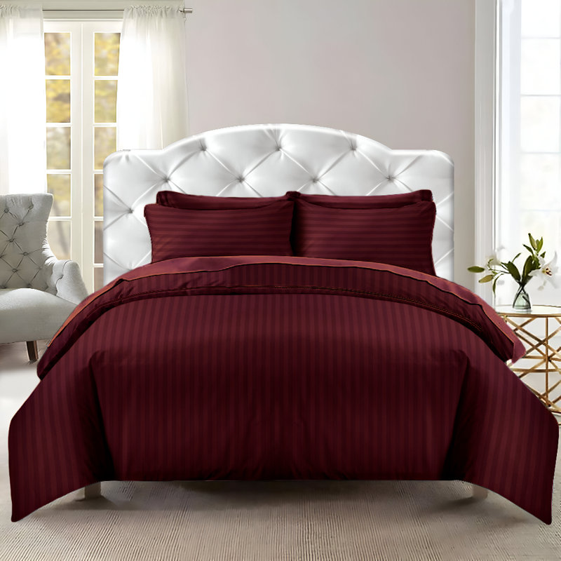 Imperial Homeware London Microfiber Striped Duvet Cover Set with Pillowcases Included, Burgundy