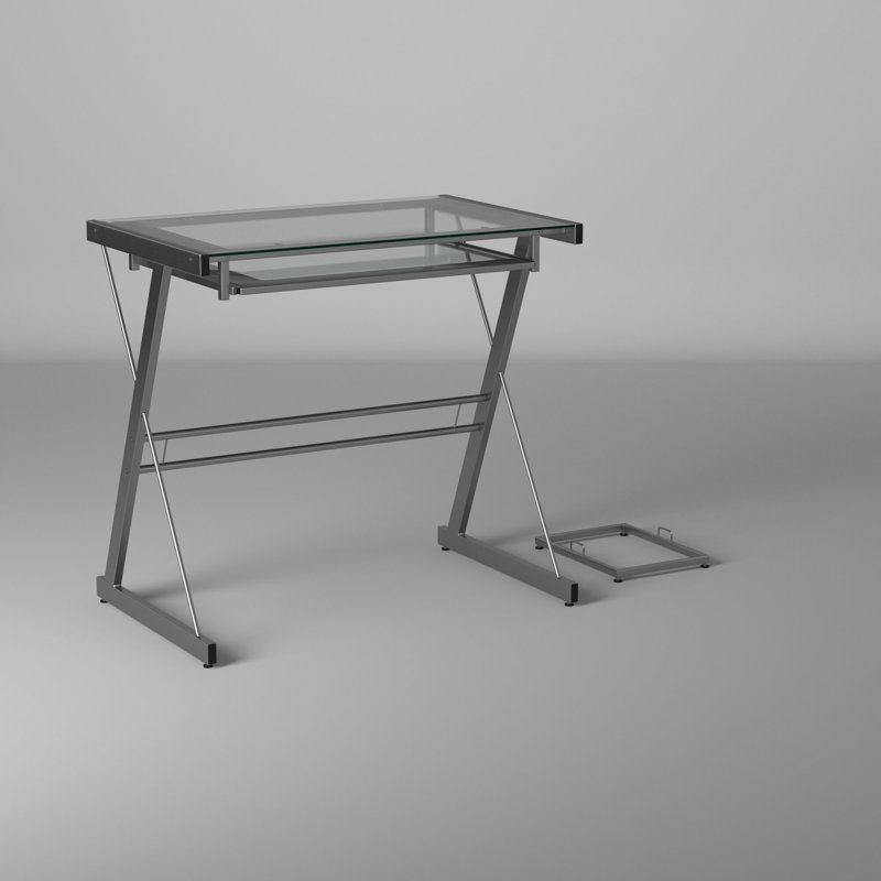 Bryanna Glass Top Metal Base Computer Desk, Silver