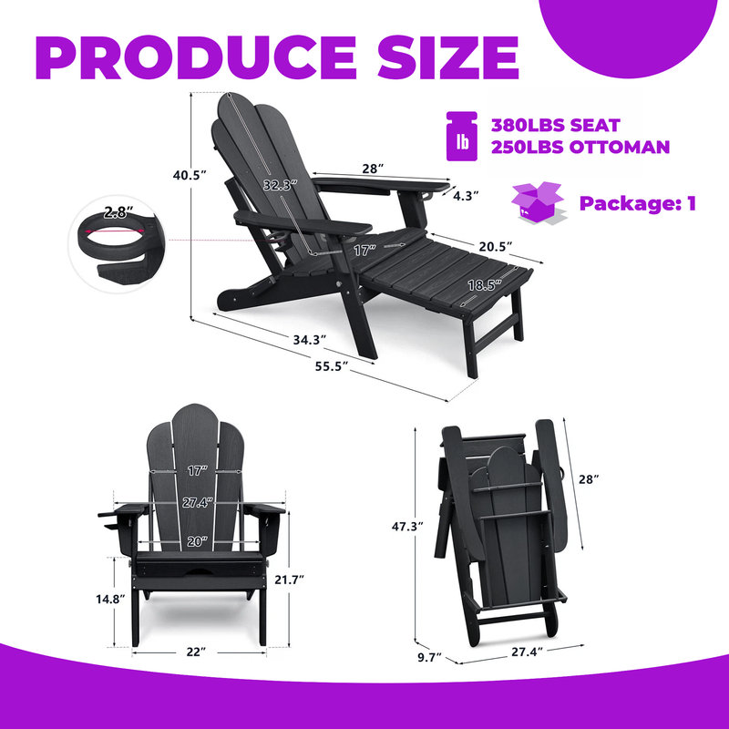 HDPE Folding Adirondack Chair Lounge with Ottoman & Ergonomic Design, Black