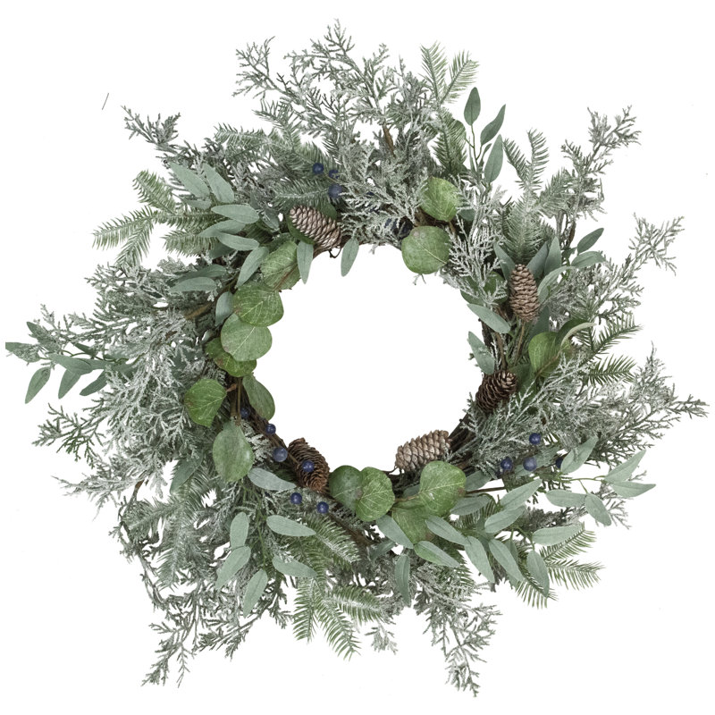 Couronne de Noël artificielle verte givrée avec feuillage et bleuets mélangés 26 pouces
