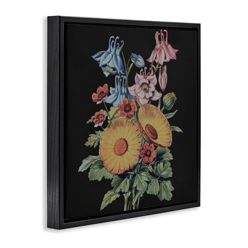 Étude de bouquet rétro sur cadre flottant noir, design par Dan Meneely, H 18 po x l 18 po, Cadre flottant noir de jais