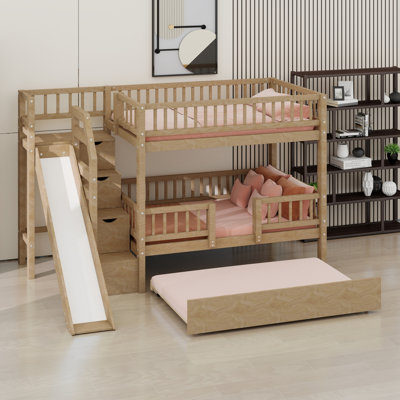 Modern Kids Bunk Bed, Convenient Storage Staircase Fun Slide and  Trundle