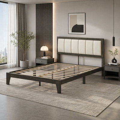 Wooden Bed Frame, Low-Profile Bed Base,Bed Frame with Upholstered Headboard(Only Bed Frame)